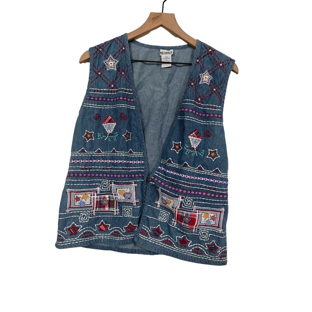Koret City Blues 100% Cotton Blue Star Heart Embroidered Vest Size Medium